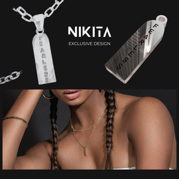 NIKITA fearless engraved bar pendant necklace. A waterproof silver charm and quality chain, with a hypoallergenic stainless steel base. Christmas everyday jewellery gift for her.