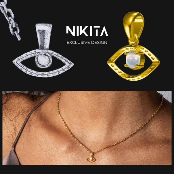 NIKITA evil eye pendant necklace with a unique precious moonstone centre and 18k plated gold hammered finish. A water-resistant pendant and adjustable chain made with a hypoallergenic stainless steel base. Christmas everyday jewellery gift for her.