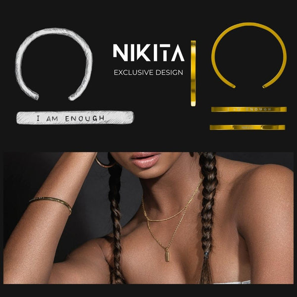 NIKITA Fearless cuff, engraved adjustable silver bangle with a waterproof, hypoallergenic stainless steel base. Christmas everyday jewellery gift for her.