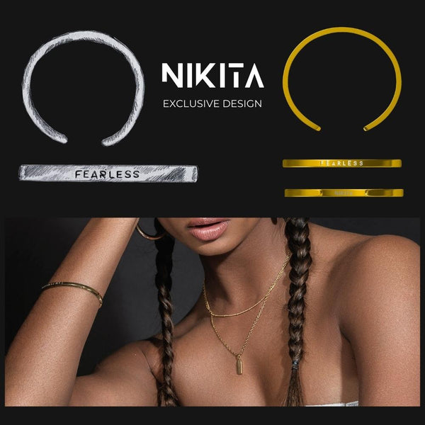 NIKITA Fearless Cuff, Engraved Adjustable Bangle with waterproof 18k gold plating with hypoallergenic stainless steel base. Christmas jewellery gift for her.