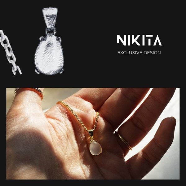 NIKITA natural moonstone pendant necklace with a unique precious stone teardrop design. A water-resistant silver pendant with adjustable chain made with a hypoallergenic stainless steel base. Christmas or Mother's Day everyday jewellery gift for her.