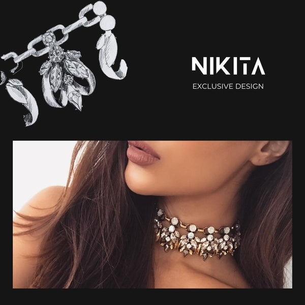 NIKITA leilani rhinestone encrusted statement choker with an antique gold plated finish. A chunky necklace made with a hypoallergenic stainless steel base. Christmas everyday jewellery gift for her.