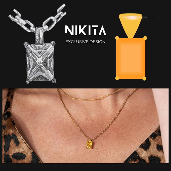 NIKITA citrine pendant necklace with a unique precious stone design and 18k plated gold finish. A water-resistant pendant and adjustable chain made with a hypoallergenic stainless steel base. Christmas everyday jewellery gift for her.