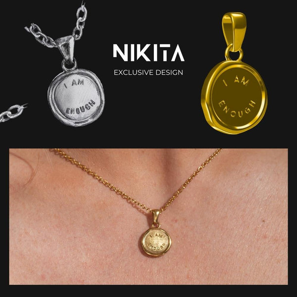 NIKITA 'I am Enough' engraved pendant necklace with a unique wax stamp inspired design and 18k plated gold finish. A water-resistant pendant and adjustable chain made with a hypoallergenic stainless steel base. Christmas everyday jewellery gift for her.