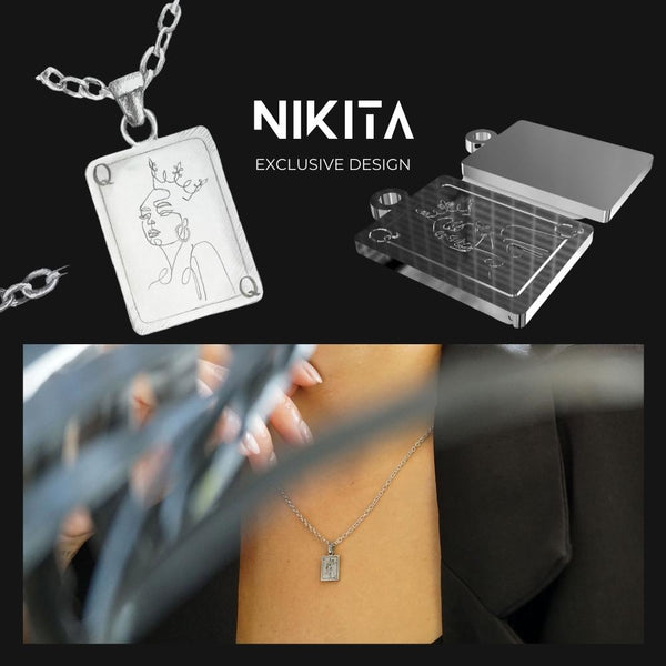 NIKITA Queen card pendant necklace engraved with a unique line drawing design. A waterproof 18k gold plated charm with a hypoallergenic stainless steel base. Christmas everyday jewellery gift for her.