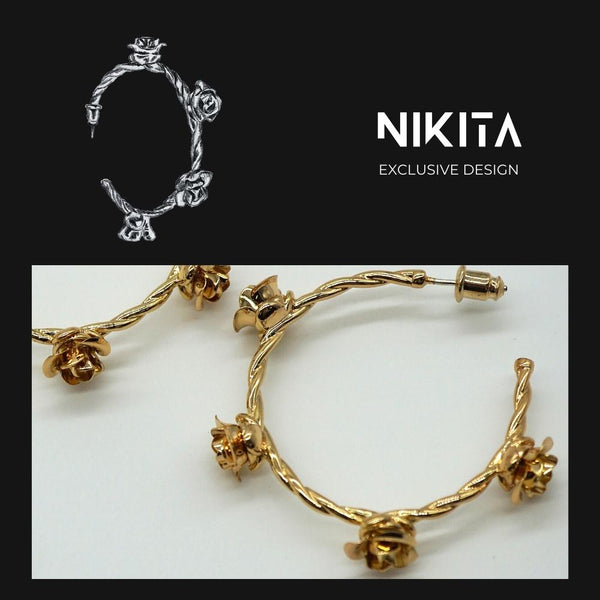 NIKITA twisted rose statement hoops earrings. Waterproof and hypoallergenic 18k plated hoops with a stainless steel base. Everyday jewellery gift for her.