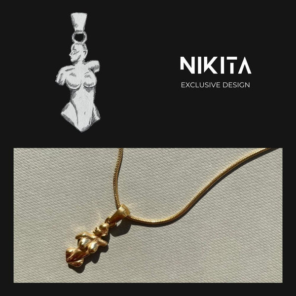 NIKITA woman pendant necklace with a unique female body design and 18k plated gold finish. A water-resistant pendant and adjustable chain made with a hypoallergenic stainless steel base. Christmas everyday jewellery gift for her.