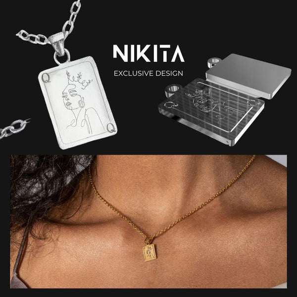 NIKITA Queen card pendant necklace engraved with a unique line drawing design. A waterproof 18k gold plated charm with a hypoallergenic stainless steel base. Christmas everyday jewellery gift for her.
