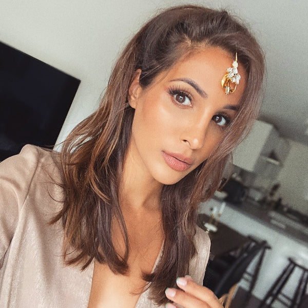 NIKITA leilani rhinestone encrusted statement tikka with an antique gold plated finish. A chunky design made with a hypoallergenic stainless steel base. Christmas everyday jewellery gift for her.