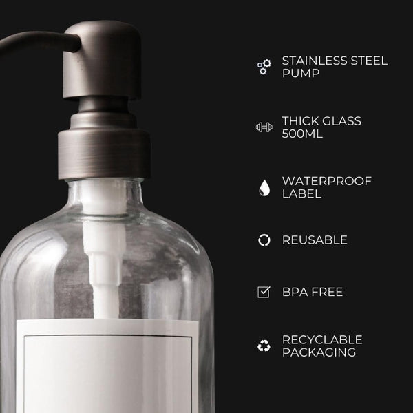 NIKITA clear glass dispenser bottle set with stainless steel pumps for your kitchen or bathroom. Durable soap dispensers with waterproof labels for hand soap, dish soap, hand lotion or hand sanitiser.