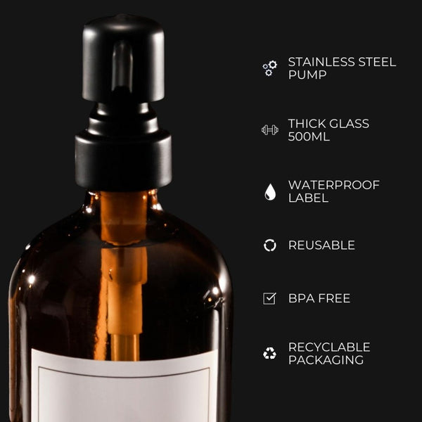 NIKITA amber glass dispenser bottle set with stainless steel pumps for your bathroom. Durable soap dispensers with waterproof labels for shampoo, conditioner and body wash. Ideal new home gift for her or gift for couple.