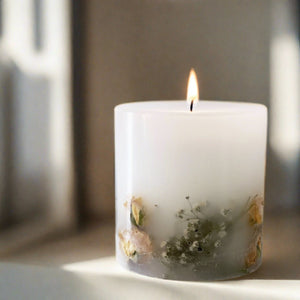 NIKITA botanical pillar candle with dried flowers and floral scents. Scented candles in red rose, lily rose and lavender. Christmas or birthday gift for her.