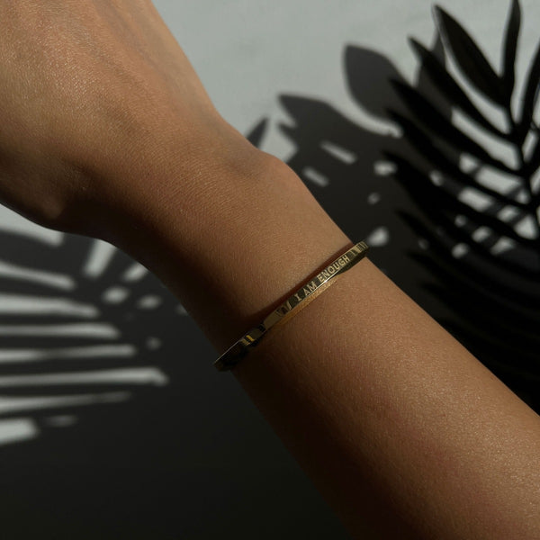 NIKITA 'I Am Enough' cuff, engraved adjustable bangle with waterproof 18k gold plating and a hypoallergenic stainless steel base. Christmas everyday jewellery gift for her.