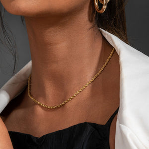 NIKITA twist rope chain necklace. A waterproof, 18k gold plated quality chain, with a hypoallergenic stainless steel base. Every day jewellery gift for her.