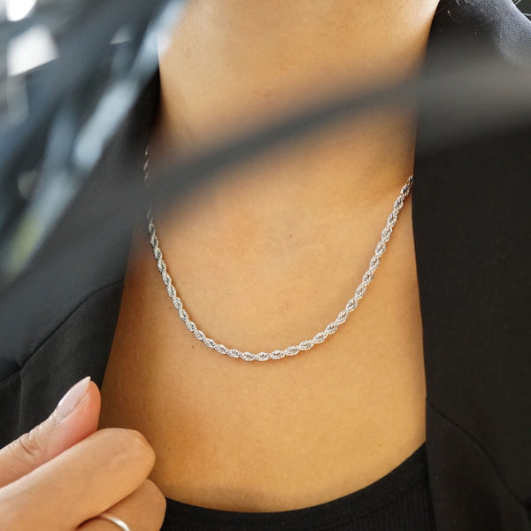 NIKITA twist rope chain necklace. A waterproof, 18k gold plated quality chain, with a hypoallergenic stainless steel base. Every day jewellery gift for her.
