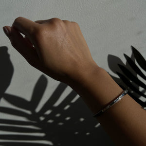 NIKITA Fearless cuff, engraved adjustable silver bangle with a waterproof, hypoallergenic stainless steel base. Christmas everyday jewellery gift for her.