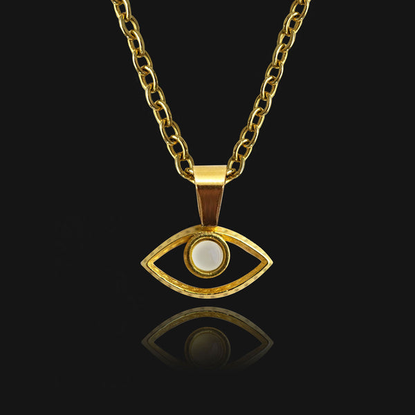 NIKITA evil eye pendant necklace with a unique precious moonstone centre and 18k plated gold hammered finish. A water-resistant pendant and adjustable chain made with a hypoallergenic stainless steel base. Christmas everyday jewellery gift for her.
