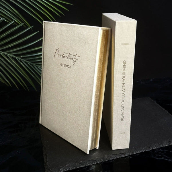 NIKITA productivity lined linen notebook with luxury sleeve. A quality journal with a ribbon bookmark gold foil edged paper. Christmas or birthday gift for her.