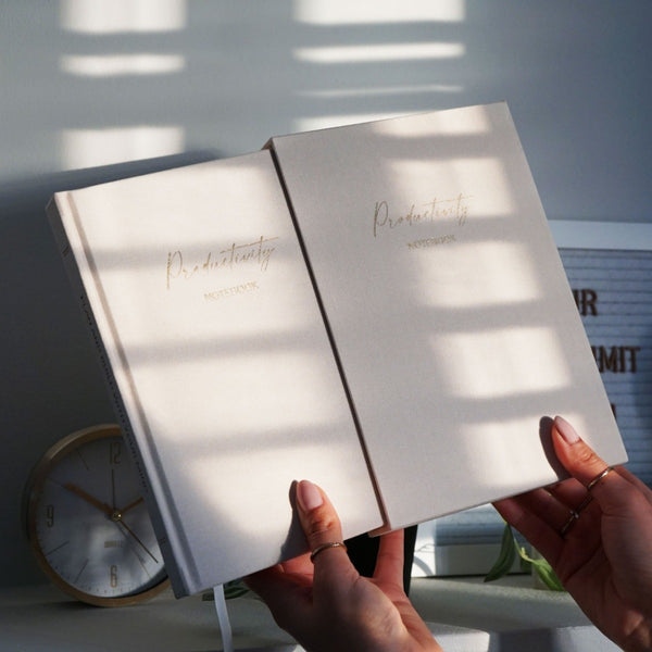 NIKITA productivity lined linen notebook with luxury sleeve. A quality journal with a ribbon bookmark gold foil edged paper. Christmas or birthday gift for her.