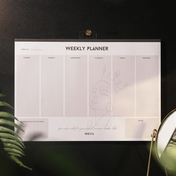 NIKITA weekly planner desk or tear-off wall pad, undated calendar to complete daily tasking, affirmations and notes.