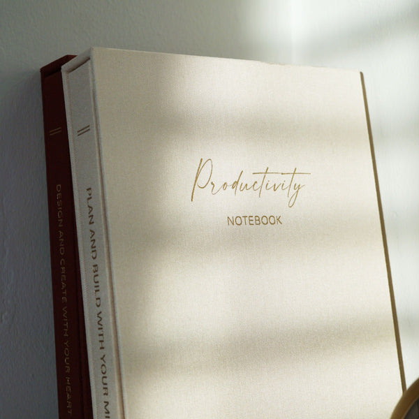 NIKITA productivity lined linen notebook with luxury sleeve. A quality journal with a ribbon bookmark gold foil edged paper. Christmas or birthday gift for her.