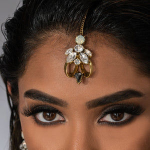 NIKITA leilani rhinestone encrusted statement tikka with an antique gold plated finish. A chunky design made with a hypoallergenic stainless steel base. Christmas everyday jewellery gift for her.