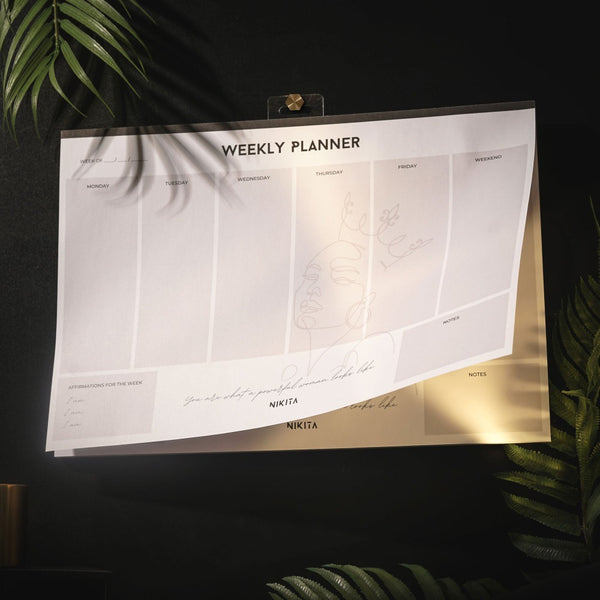 NIKITA weekly planner desk or tear-off wall pad, undated calendar to complete daily tasking, affirmations and notes.
